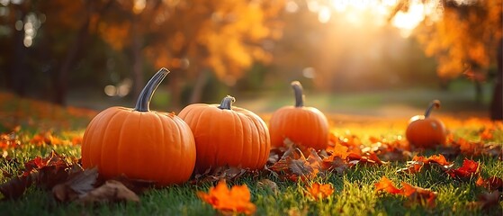 Photo of a group of vibrant orange pumpkins sits on a grassy lawn scattered with fallen autumn leaves, bathed in the warm, golden glow of the setting sun, creating a picturesque fall scene.