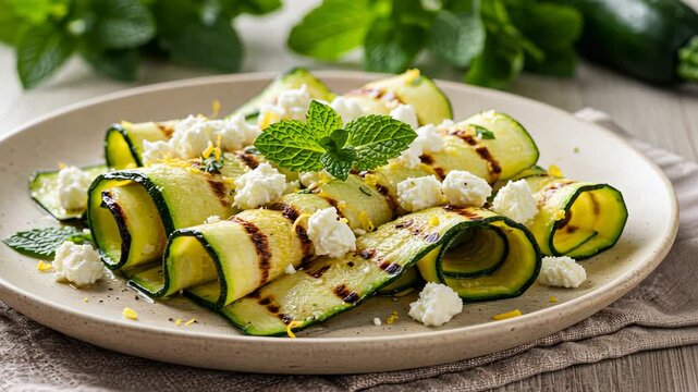 Grilled zucchini rolls with feta cheese and herbs on a rustic plate