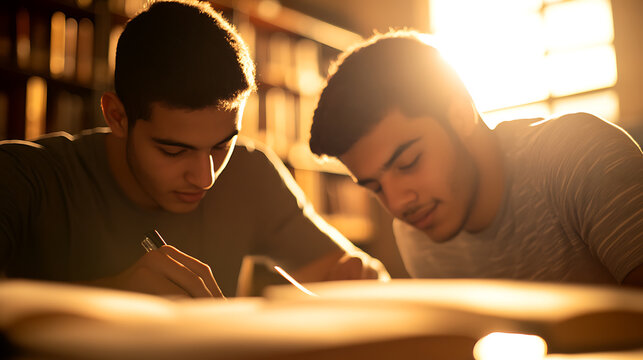 Two focused students are deeply engaged in studying together, immersed in a library's warm, inviting ambiance, fostering a collaborative learning environment.