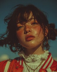 Vibrant Sunlit Close-up Portrait: Stylish Young Woman with Freckles, Glazed Skin, and Pigtails in Orange Bomber Jacket Against Blue Sky, Aesthetic Beauty Shot