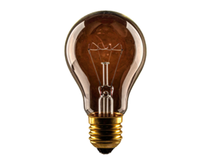 Isolated lightbulb, vintage design, with a filament, gold base, and dark background