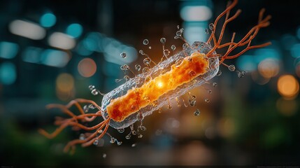 Microscopic view of a vibrant yellow bacterium with flagella, swimming through a bubbly, dark aquatic environment with green and blue bokeh lights in background
