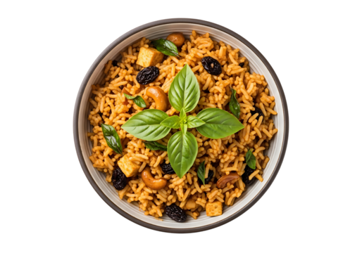 Bowl of Indian Rice Dish with Cashews Raisins and Basil