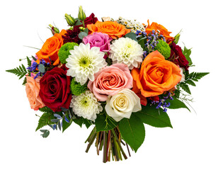 Bouquet of flowers rose mixed color orange green red pink white yellow white blue isolated on transparent background.