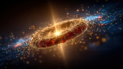 Stunning microscopic view of a vibrant cell nucleus pulsating with energetic light and organic particles in a dark, cosmic background