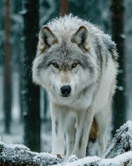 Intense Winter Wildlife Portrait: Majestic Grey Wolf Staring Directly in Snowy Forest, Detailed Close-up of Wild Predator in Cold Northern Taiga