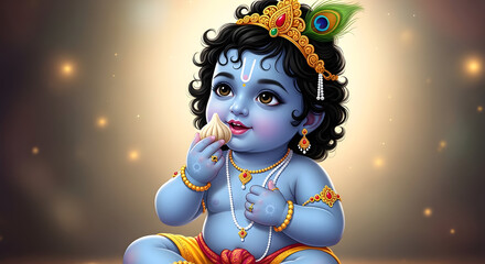 Baby Krishna (Bal Krishna) Enjoying Sweet Offering (Modak/Laddu), Cute Hindu Deity Digital Illustration