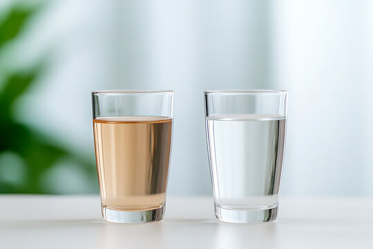 Visual comparison showcasing the difference between clean water and contaminated water in two glasses. The image highlights purity vs impurity in a home or lab setting.