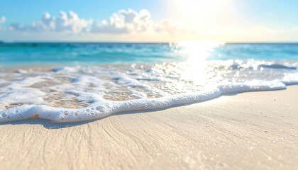 Gentle Waves Lap On A Golden Sand Beach Under A Bright Sunlit Sky With Fluffy White Clouds Over The Turquoise Ocean Waters