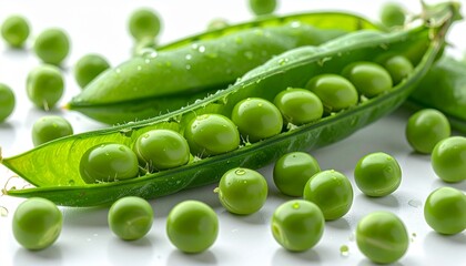 Fresh green peas with open pods and glossy surfaces, arranged on a clean white background.