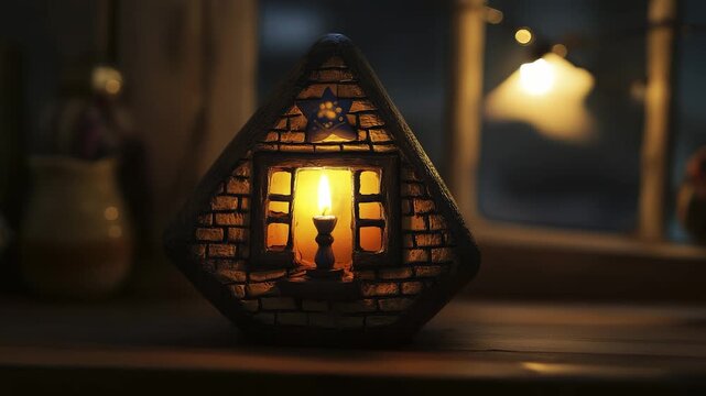 A small candle placed in a decorative house illuminates the dark room, creating a warm glow. This decorative house reflects a cozy atmosphere, inviting warmth and comfort to the se