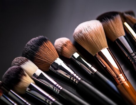 professional makeup brushes arranged in a row on a dark surface showcasing various sizes and shapes ideal for beauty enthusiasts and makeup artists seeking quality tools