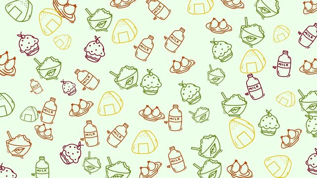 This playful vector pattern features outlined illustrations of breakfast items snacks and Japanese onigiri milk bottles and cupcakes on a light green background. It is perfect for food packaging menu 