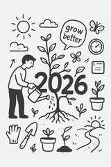 Watering Growth 2026 – Hand Drawn Black and White Vector of Tree Shaped Year and Hopeful Renewal