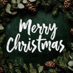Chalk Style "Merry Christmas" Text on Dark Chalkboard Effect Background Framed by Fir Branches, Eucalyptus, and Pine Cones, Rustic Holiday Design