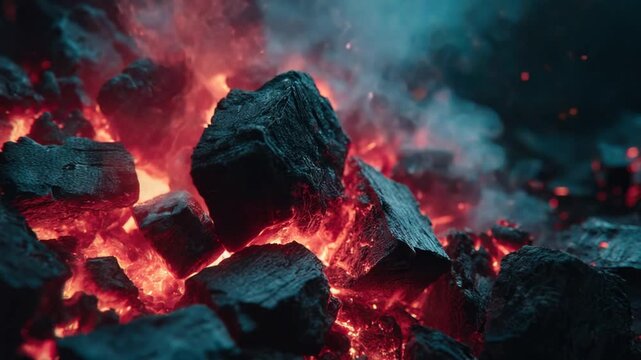 Close-up of glowing embers, fiery charcoal