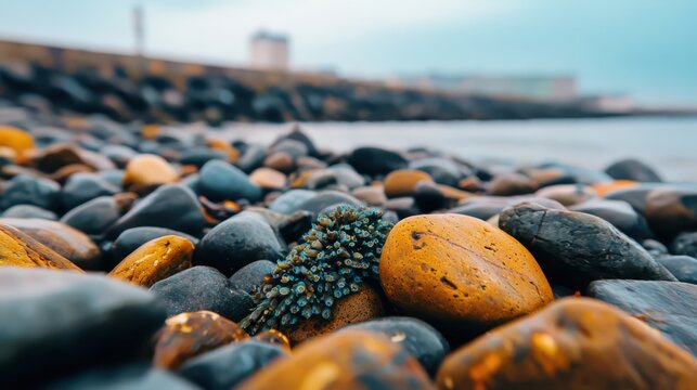 Colorful barnacles cling to smooth pebbles on a beach, with a distant coastline under a cloudy sky, creating a serene coastal scene.