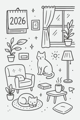Cozy Home Cat Scene 2026 – Hand Drawn Vector Set of Warm Interior Moments