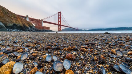 A scenic view of the Golden Gate Bridge looming over a beach filled with colorful shells and pebbles under a cloudy sky.