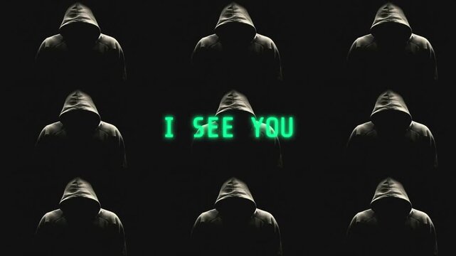 Anonymous Hacker Concept Animation. A Grid of Hooded Figures with a Glitching "I SEE YOU" Message.