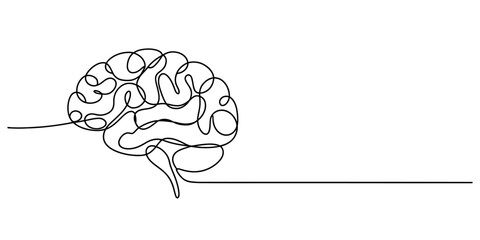 Continuous line art drawing of a human brain, symbolizing intelligence, thought, and creativity. minimalist graphic representation of mental processes, neuroscience, and innovative ideas.
