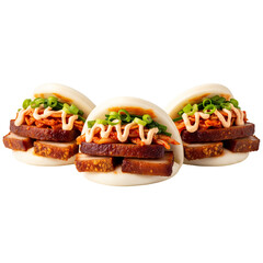 Steamed Pork Belly Bao Buns with Kimchi, Scallions, and Spicy Mayo isolated on transparent background, png