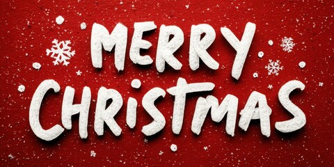 Textured Red Christmas Background: Rough White Snow-Like "Merry Christmas" Text with Scattered Snowflakes, Horizontal Holiday Greeting Banner with Felt Effect