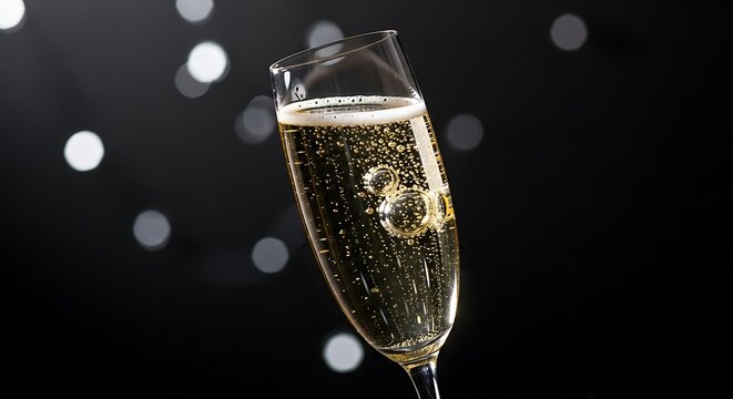 Close up of champagne flute filled with bubbly golden champagne with bokeh lights glass drink