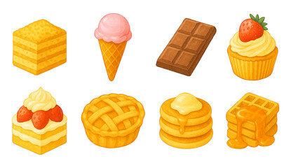 Watercolor desserts vector set, sweet food color clipart collection, traced vector. Honey cake, ice cream cone, chocolate bar, cupcake, strawberry cake, apple cinnamon pie, thick pancakes and waffles
