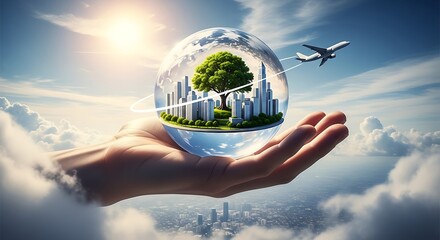 Eco-friendly city held in hand with airplane flying above, representing sustainability, green living, and global travel