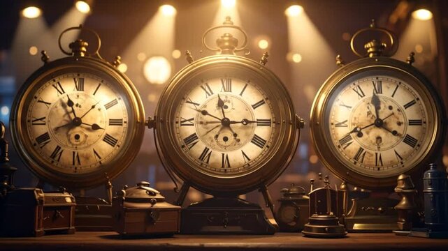Three vintage clocks with Roman numerals sit on a wood surface, lit by spotlights. Other objects in shadows