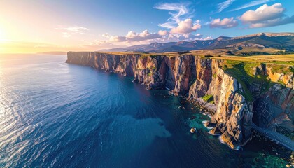 Dramatic Coastal Cliffside Sunset Over Azure Ocean Waters With Golden Sunlight Breaking Through Wispy Clouds Illuminating Rugged Rocky Terrain And Distant Mountain Range