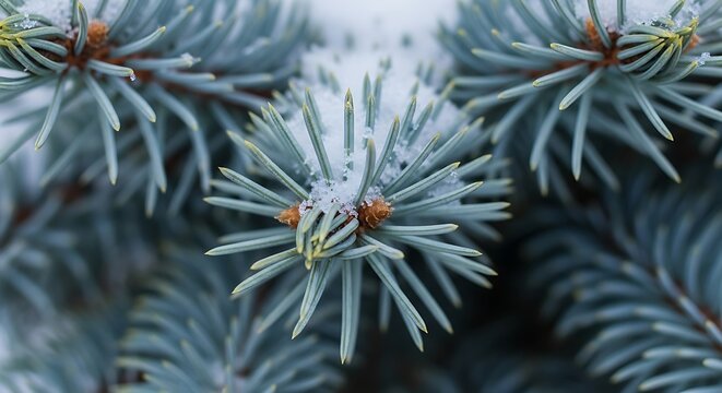 Close-up of blue spruce pine needles covered in a light dusting of snow evergreen conifer