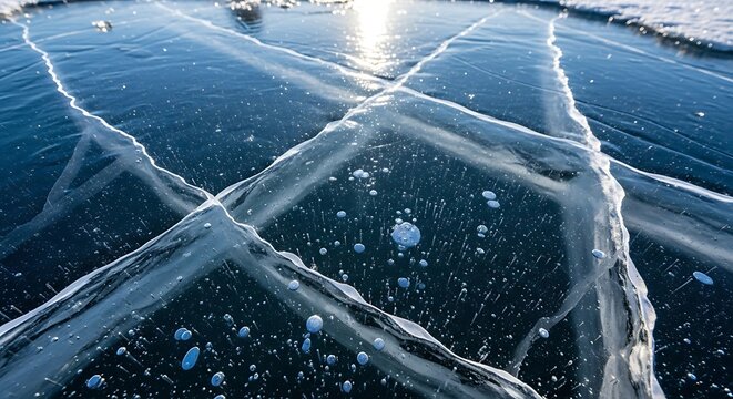 Close-up of cracked blue ice with trapped air bubbles and sunlight reflection frozen texture