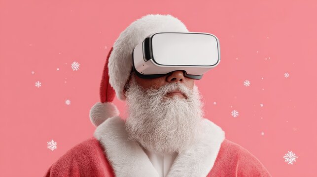 santa claus wearing a virtual reality headset he has a long white beard and is dressed in a traditional red and white suit the background is pink with white decorations - Powered by Adobe
