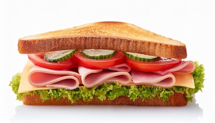sandwich with ham cheese tomatoes lettuce and toasted bread side view isolated on white background
