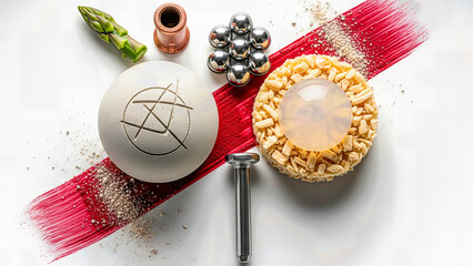 Conceptual and satirical AI-generated still life of deconstructed fine dining. Features a stylized white dish, metal balls, bolt, and asparagus on a dramatic red smear. Represents food art critique an