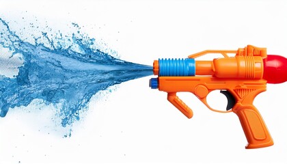 blue and orange water pistol shooting water isolated on white background