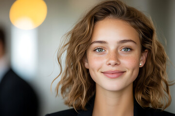 Fototapeta premium Captivating close-up portrait of a smiling young woman with freckles and curly hair, exuding a warm and approachable demeanor in a professional setting, confidence shines through.