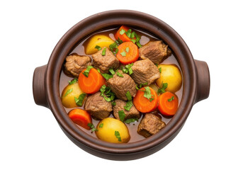 Beef Stew with Potatoes and Carrots Overhead View in Brown Terracotta Pot