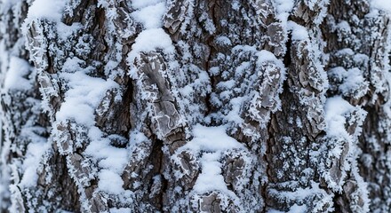 Close-up of rough tree bark covered in a layer of frost and snow Keywords: tree bark, frost, snow, winter, texture, nature, close-up, detail, rough