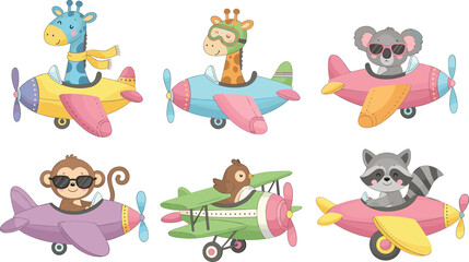 Cartoon animals, toy airplanes, flying animals, giraffe, koala, monkey, raccoon, bird, pilot animals, kids illustration, colorful, playful, vector
