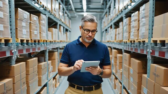 man using digital tablet in modern warehouse, inventory management, rows of shelves with cardboard boxes, organized industrial background