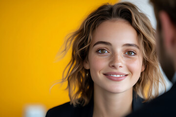 Naklejka premium Smiling woman with freckles and wavy hair against a yellow background, her eyes sparkling with warmth and her smile radiating genuine joy. A moment of connection.