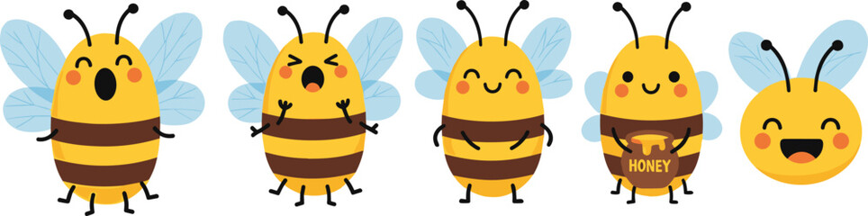 Cartoon bee illustration, cute bees, honey pot, flying insect, happy bee, children’s art, nature character, emoji style, vector drawing