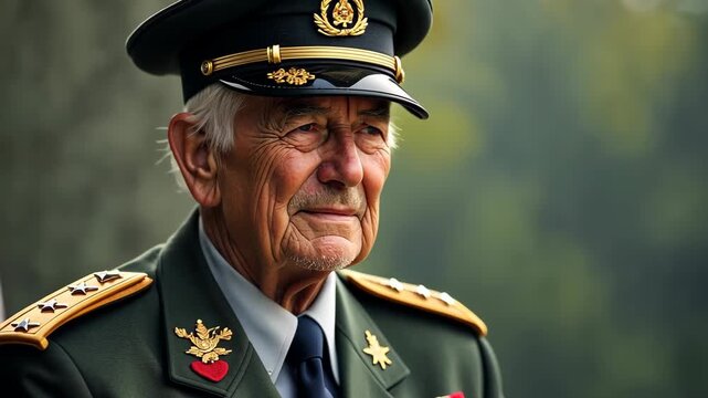 Elderly military veteran standing proudly with decorated uniform and medals gazing beside large american flag. concept of veterans day patriotism military service remembrance industry