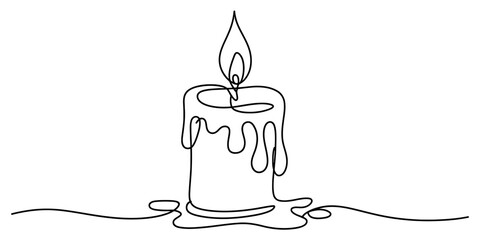 Continuous line art drawing of a burning candle with a flickering flame and melting wax, symbolizing hope, remembrance, celebration, and relaxation, simple vector illustration