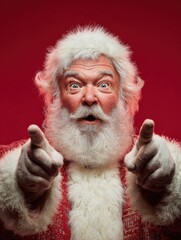 Obraz premium funny happy excited old bearded santa claus face wearing costume looking at camera showing pointing fingers aside advertising christmas promotion new year xmas discount ad isolated on red background 