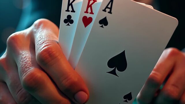 A cinematic close-up of a poker player s hand revealing a Royal Flush (Ace, King, Queen, Jack, Ten of Spades) under moody casino lighting