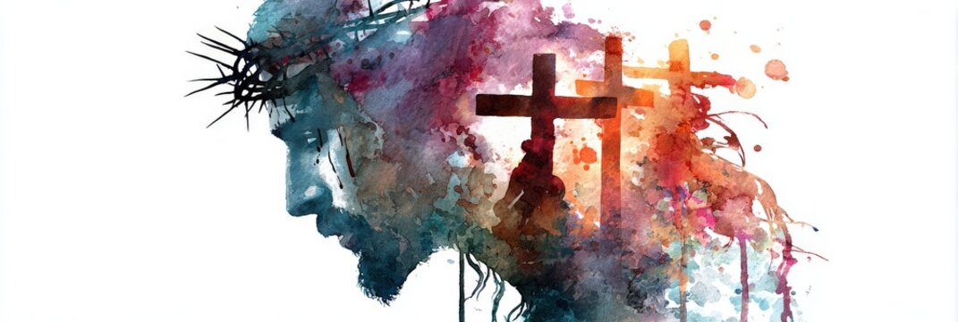 Artistic profile of jesus with crown of thorns and three crosses in watercolor style